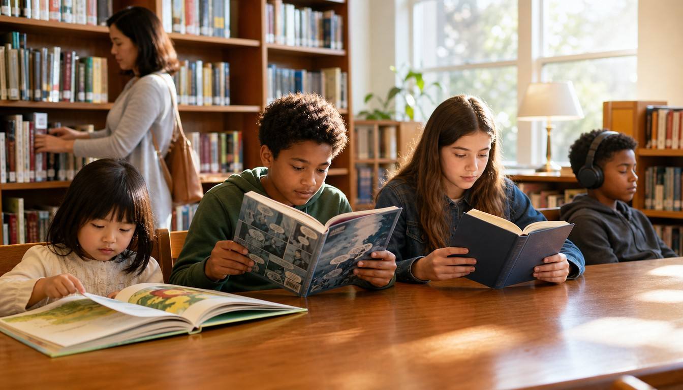 Four children use different reading formats at a sunlit library table while an adult browses the shelves behind them.