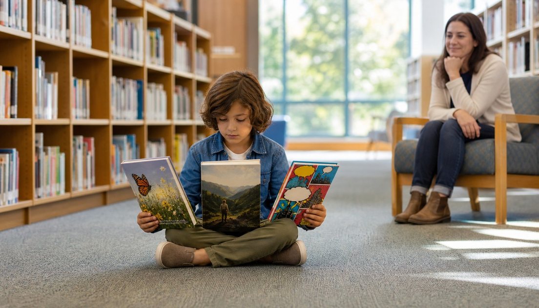 A child sits cross-legged in a bright library aisle, comparing three books while an adult watches from a nearby chair.