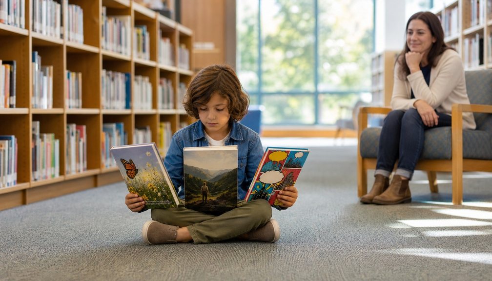 يجلس طفل متربعًا في ممر مشرق بالمكتبة ويقارن بين ثلاثة كتب، بينما تراقبه امرأة بالغة من مقعد قريب.