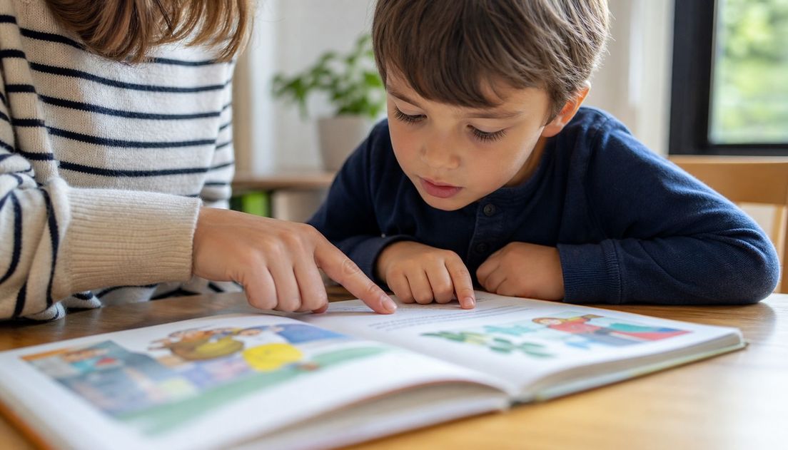 A young child follows a short line in an illustrated book while an adult points beneath it at a quiet table by a window.