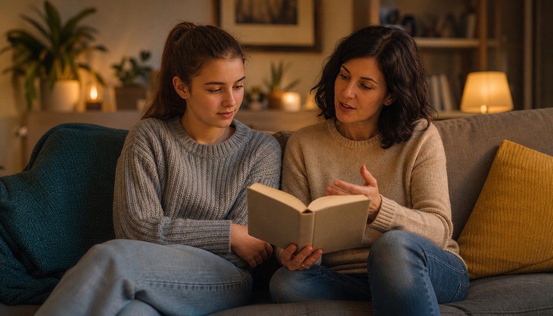 A teenage girl and an adult woman sit together on a sofa, discussing an open novel in a warmly lit living room.