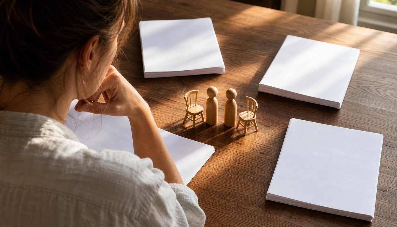 A writer at a sunlit desk studies wooden figures and chairs arranged among face-down manuscript packets.