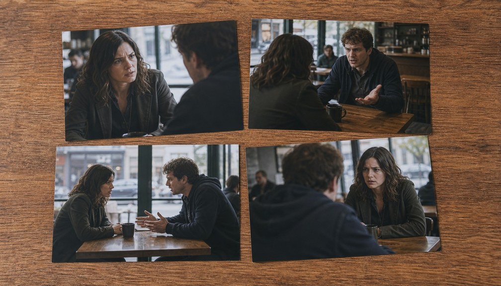 木のテーブルに並ぶカフェの写真には、同じ女性と男性が向かい合う緊張した場面が異なる視点から写っている。