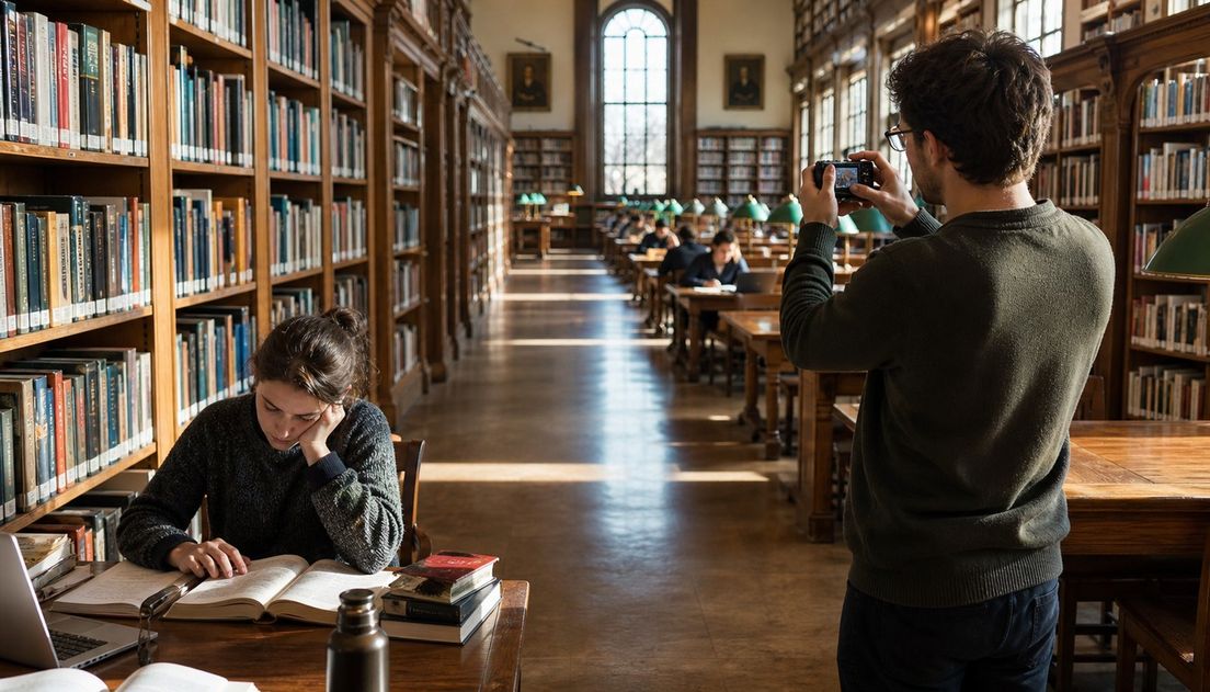 In a deep library reading room, a standing photographer aims a small camera past a reader studying an open book.
