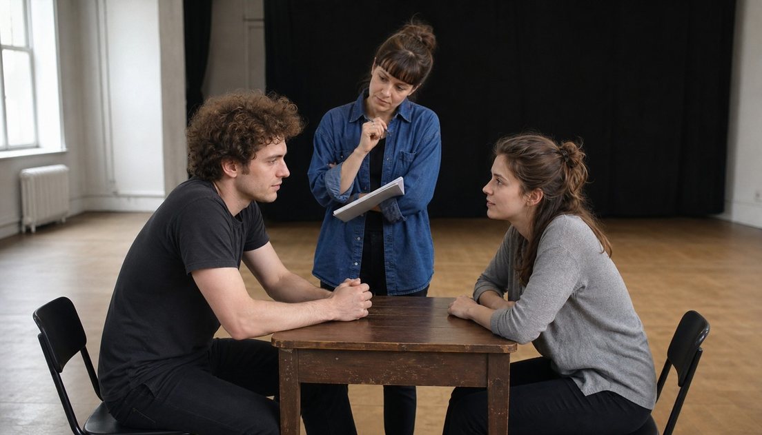 In a bright rehearsal studio, actors face each other across a small table as a standing observer watches with a notebook.