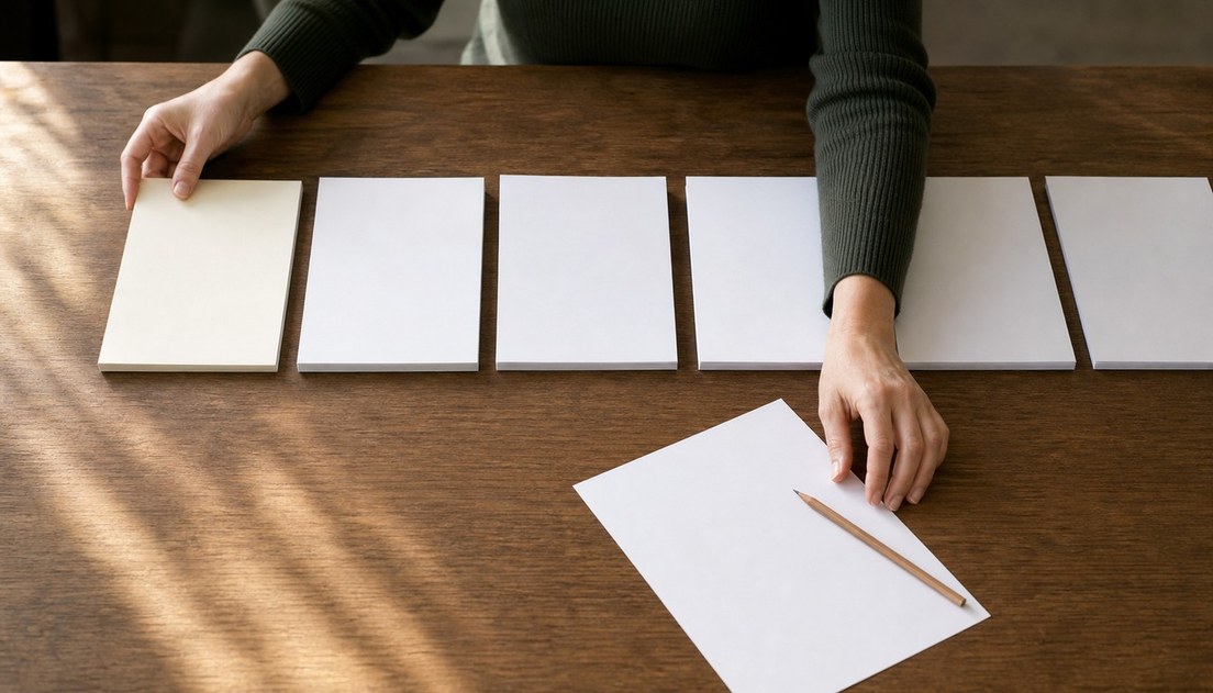 At a sunlit table, a writer touches a cream manuscript packet and reaches toward a blank sheet and pencil beside white alternatives.