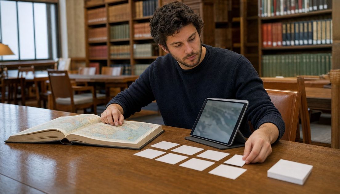 A researcher in a traditional library points to an open map book beside a tablet with map-like images and blank note cards.