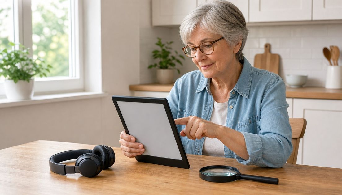 An older woman with glasses taps a large blank e-reader at a bright kitchen table, with headphones and a page magnifier nearby.