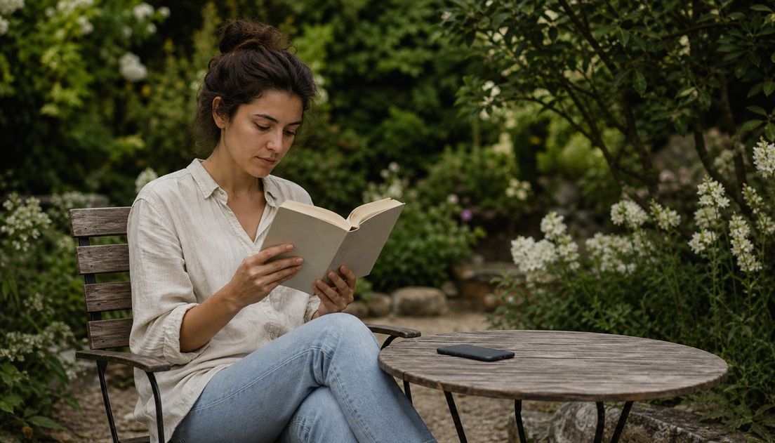 A woman reads an unmarked paperback in a quiet green garden while a face-down phone rests on a round wooden table.
