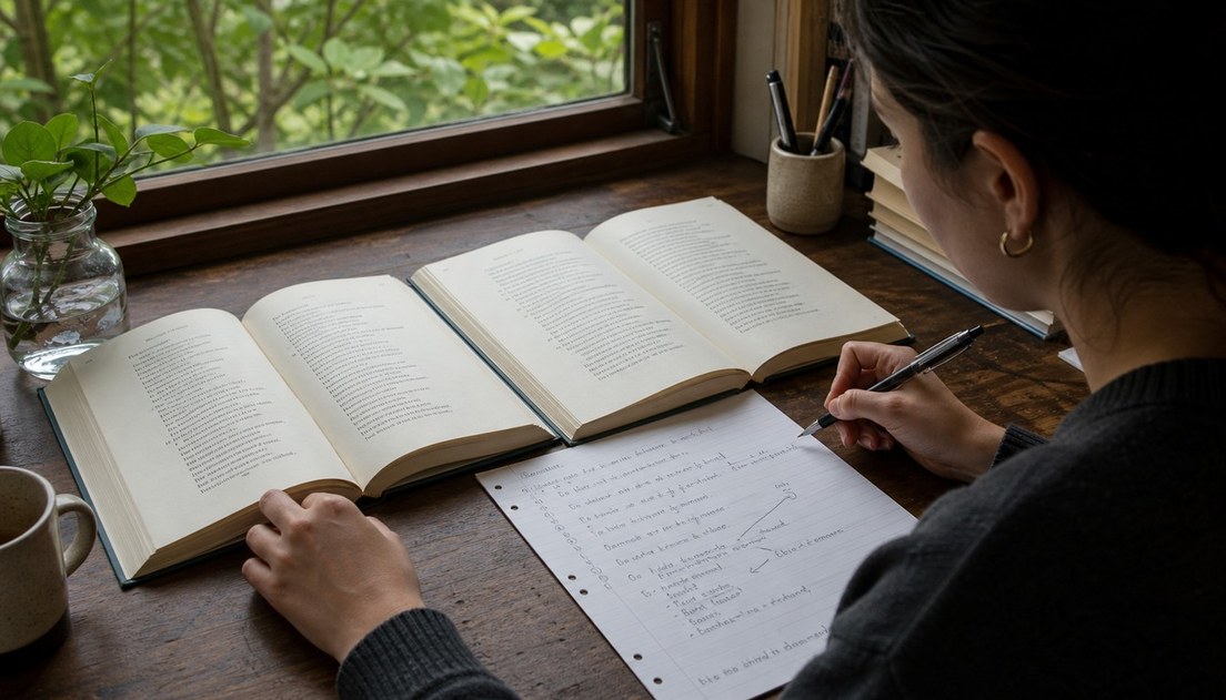 A woman writes with a black pen on a lined sheet between two open books at a wooden desk beside a window.