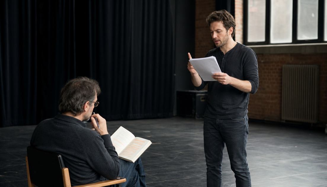 A man standing on an empty rehearsal stage reads from script pages as a seated man follows along in an open book with pen in hand.