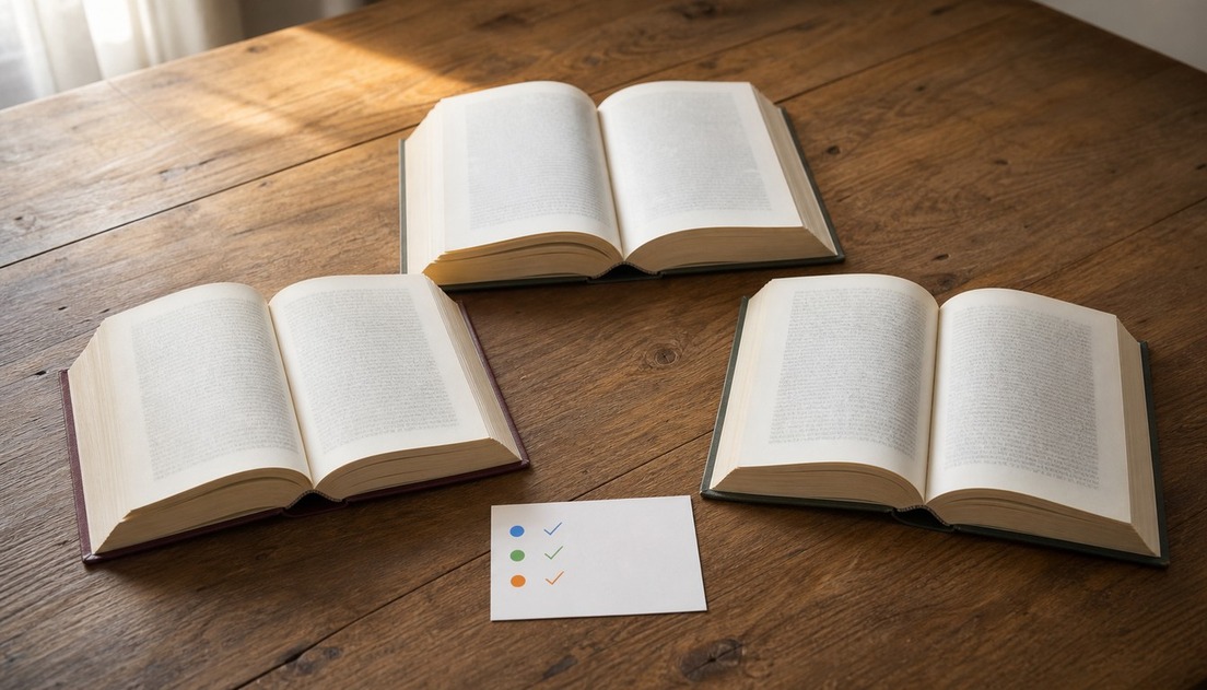 Three unbranded books lie open in a triangle on a wooden table beside a card with exactly three colored dots and matching check marks.