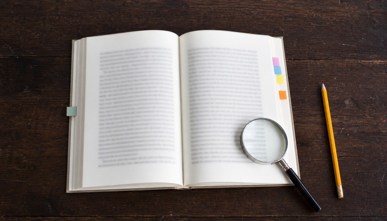 An open book lies on a dark wooden desk with a magnifying glass, a pencil, and five colored page tabs.