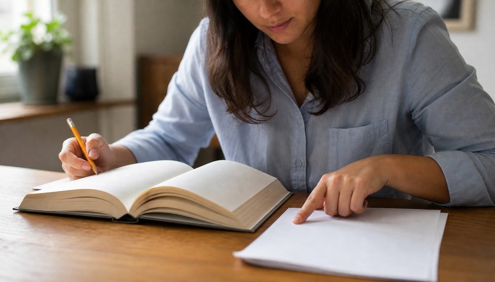 机に座る女性が、開いた本の上で鉛筆を持ちながら、もう一方の手で別に置かれた紙の束を指している。