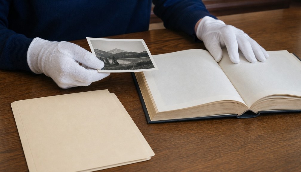 白い手袋をした調査者が、無地のフォルダーの横に開かれた参考書の上で、白黒の山と湖の写真を持っている。