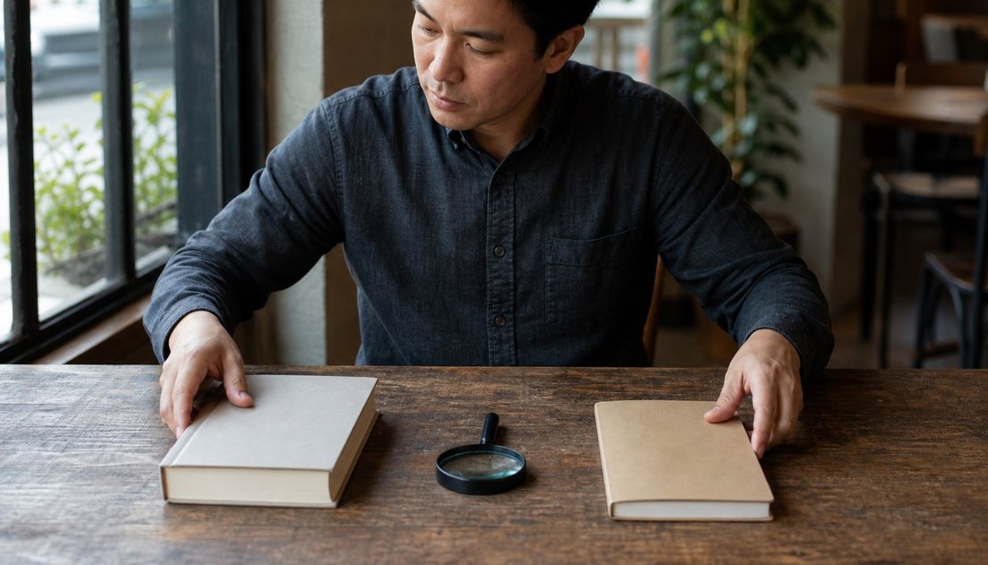 A man at a cafe table steadies two plain volumes on either side of a black magnifying glass.