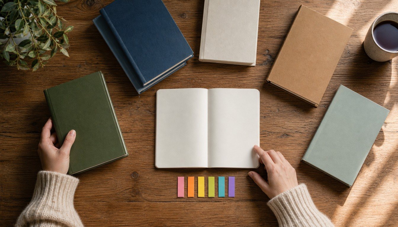Two hands arrange six closed clothbound books around an open blank notebook on a sunny wooden table, with six colored tabs lined up below.
