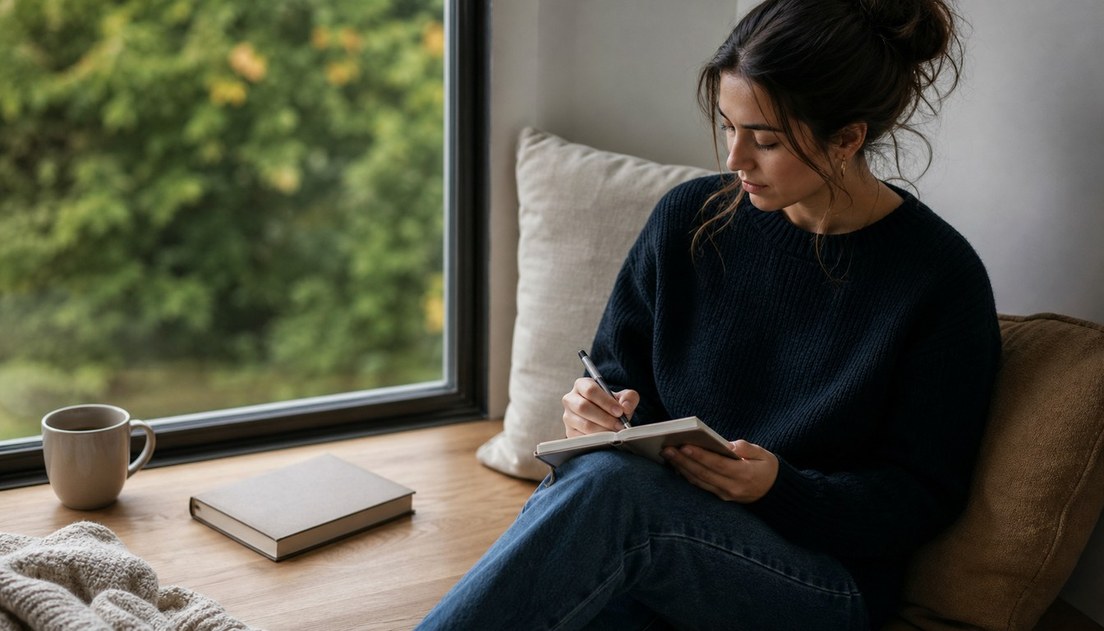 A woman writes in a small notebook on her lap while seated by a large window, with a closed beige book and mug beside her.