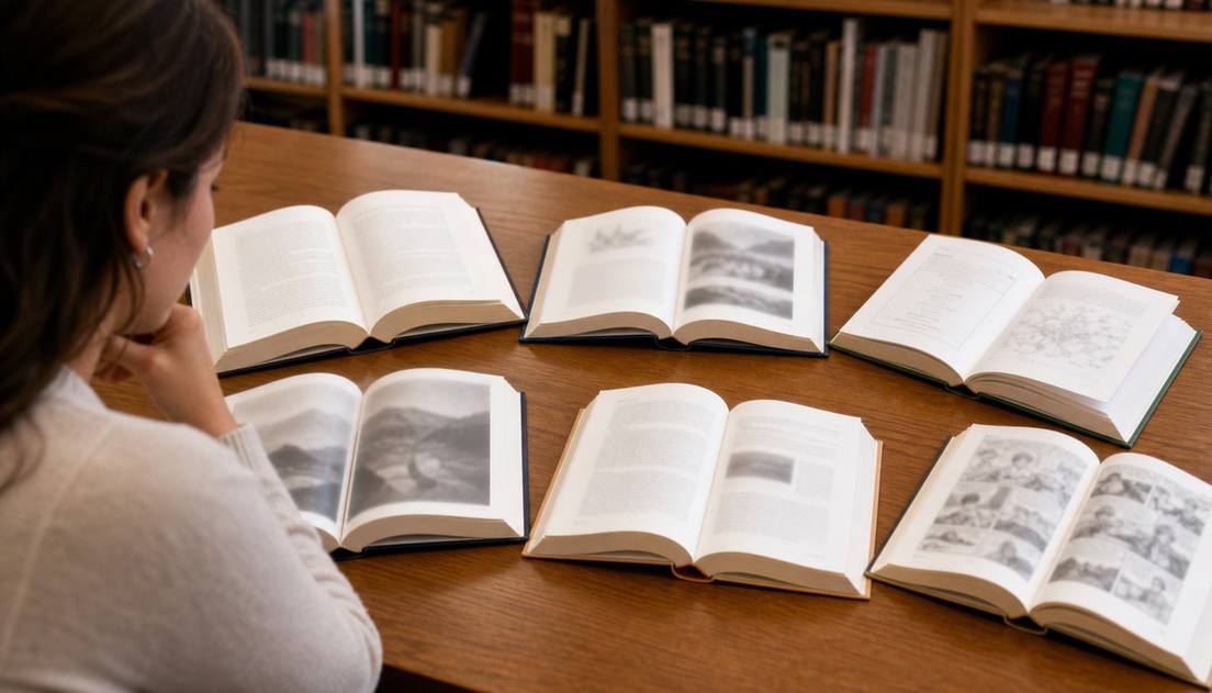 A reader viewed from behind examines six open books with varied, blurred page layouts spread across a wooden library table.