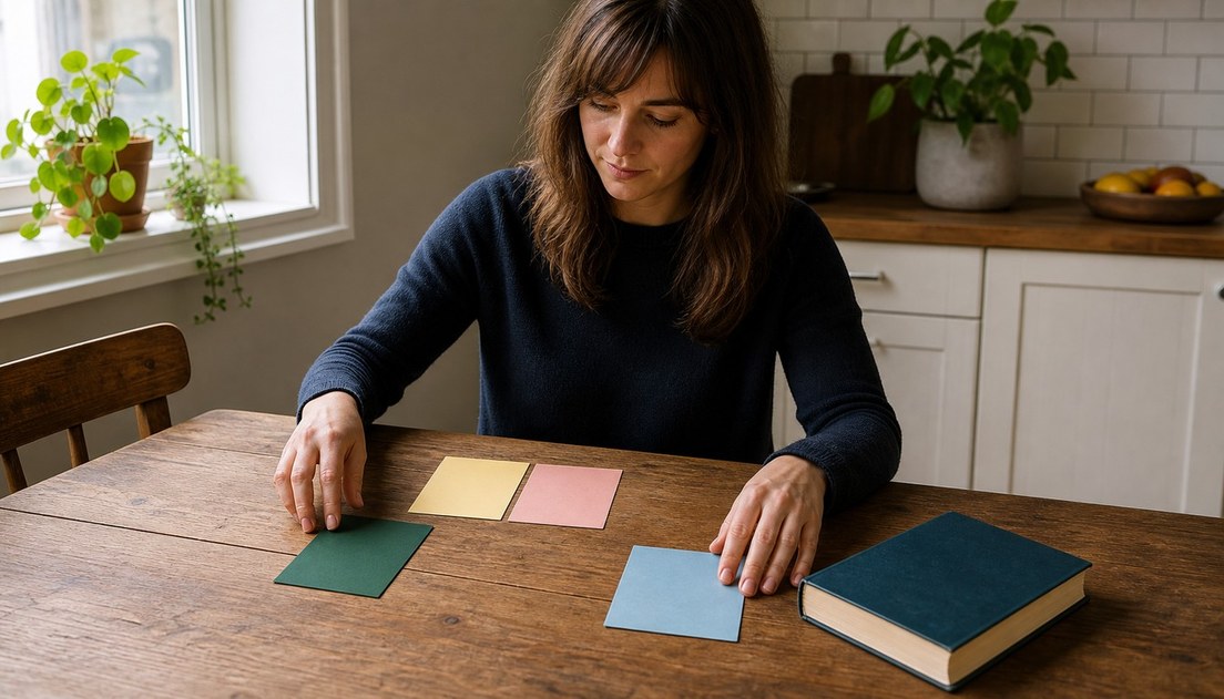 A woman at a sunny kitchen table separates four blank colored cards into a central pair and two offset cards beside a closed blue book.