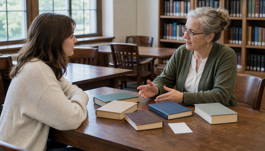 Two women converse across a library table as the older woman gestures, with six closed books and one blank card spread between them.