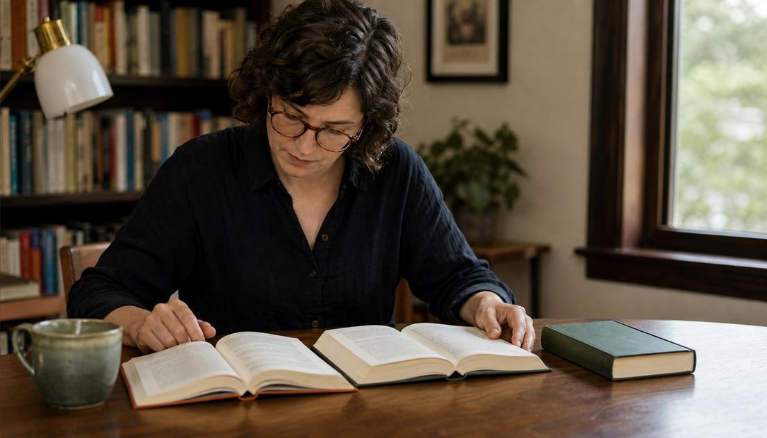 A reader wearing glasses compares two open books at a table in a quiet room, with a closed green book, mug, and lamp nearby.