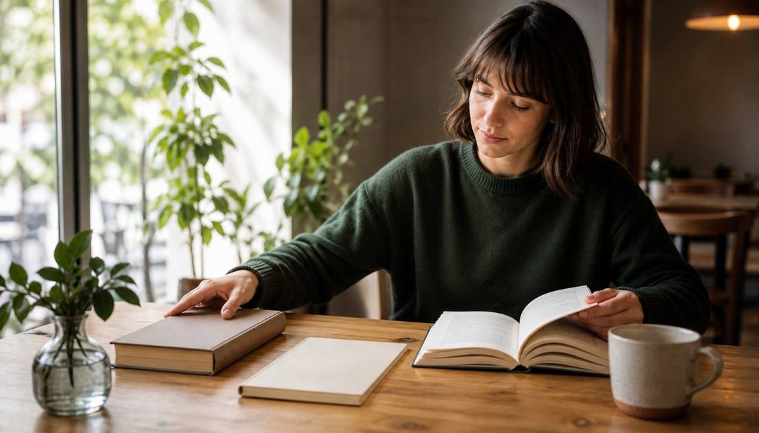 A woman turns a page in an open book at a bright café table while resting her other hand on a closed brown book, with another closed book and mug nearby.