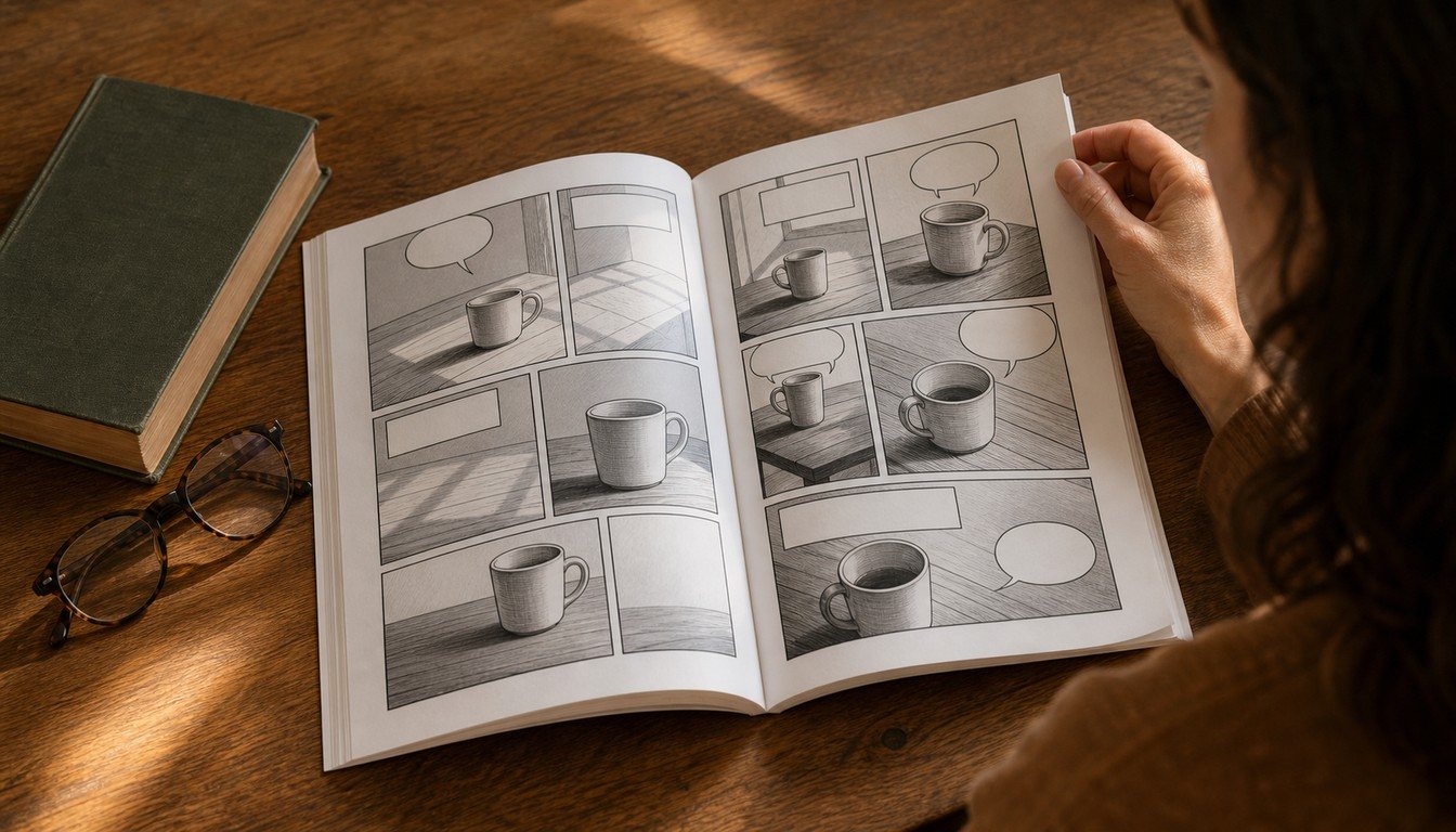 An adult reader holds open a wordless practice comic with grayscale cup panels and blank balloons beside a green novel and reading glasses.