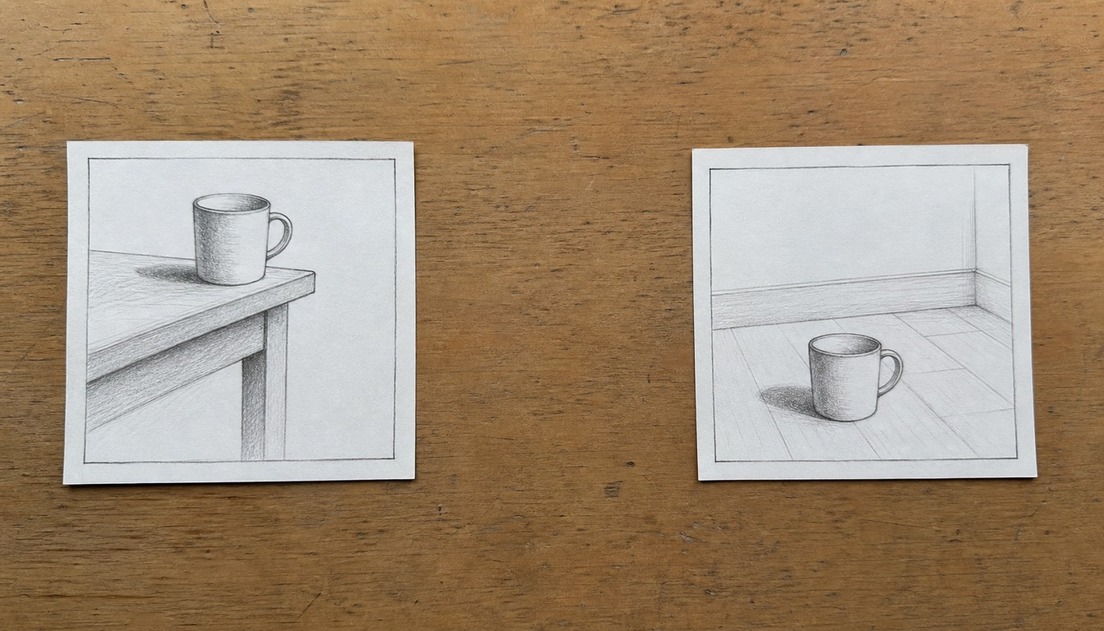Two wordless storyboard cards sit far apart on bare wood, one showing a cup at a table edge and the other a cup on a floor.