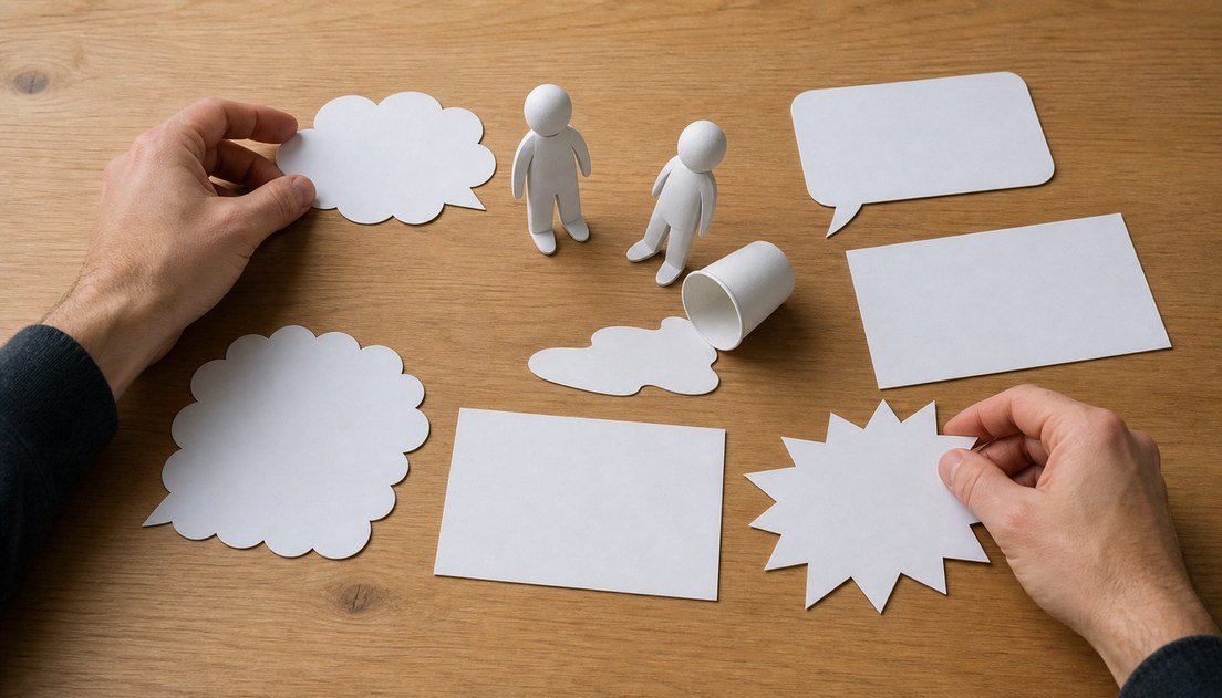 Two adult hands arrange blank paper balloons and caption shapes around two faceless figures, a toppled cup, and a white spill.