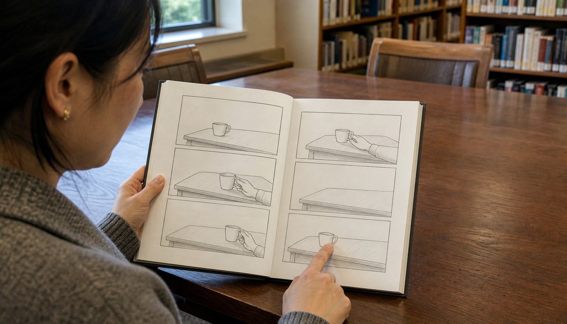 A reader in a gray sweater points to a cup in the bottom panel of an open wordless comic at a wooden library table.