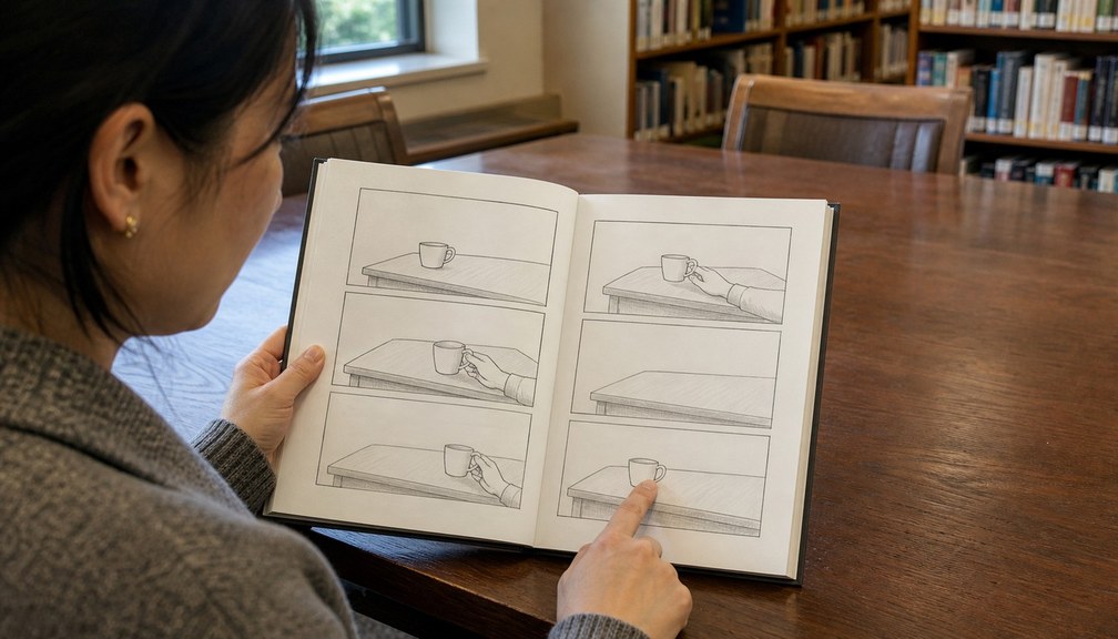 一名穿灰色針織衫的讀者坐在圖書館木桌旁翻看無字漫畫,右手食指輕點下方分格中已放回桌上的杯子。