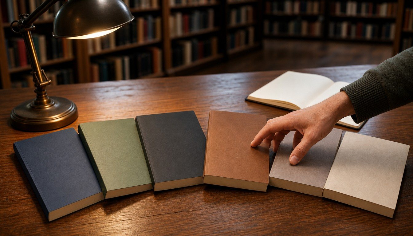 Six plain books fan across a wooden library table as a hand reaches for the gray one beside a lamp and blank notebook.