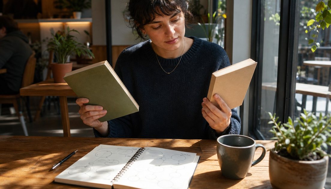 A café patron holds two plain books, one olive and one tan, beside a mug and a notebook filled with circles and arrows.