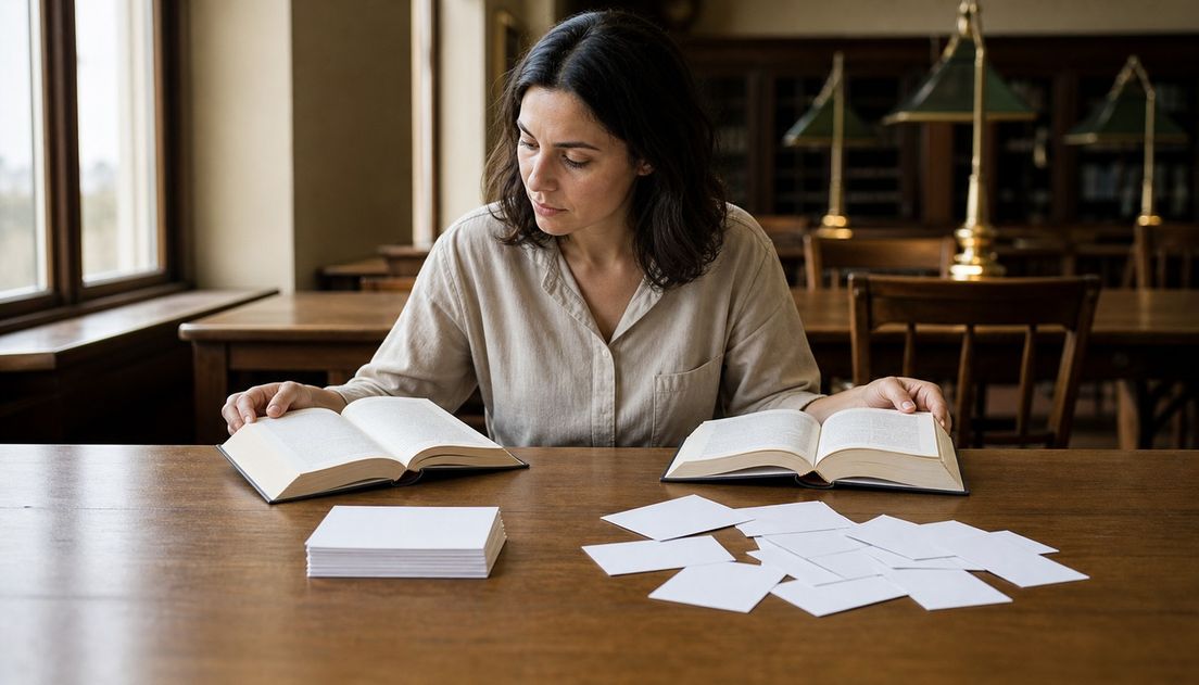 A woman in a reading room compares two open books beside a neat stack of blank cards and a larger spread of loose cards.
