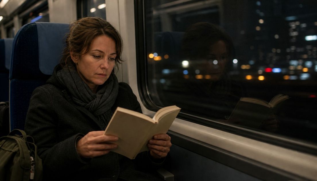 A woman in a dark coat reads an open beige paperback beside a train window at night, with her reflection and blurred city lights outside.