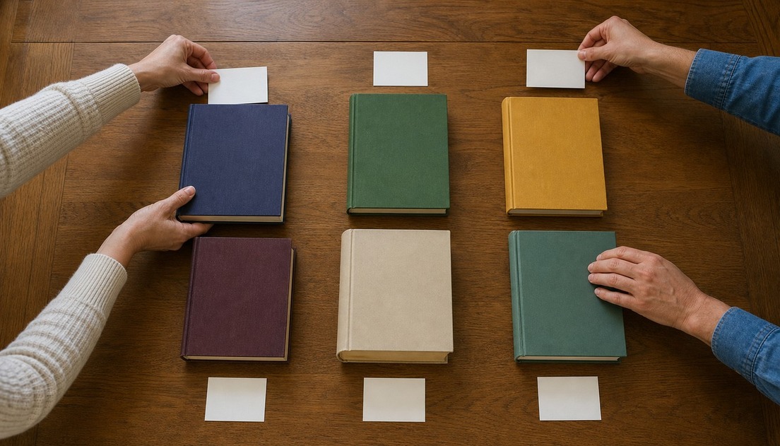 Two pairs of adult hands sort exactly six plain hardcover books and six blank cue cards into a grid on a warm wooden table.