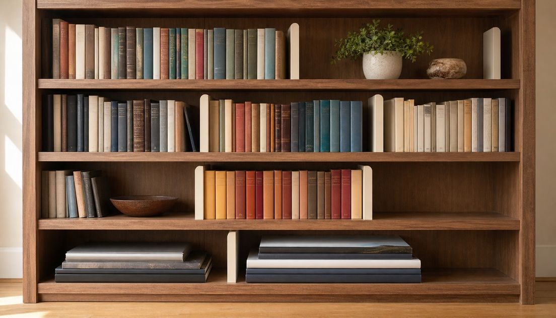 Muted clothbound books form separated upright runs in a wooden bookcase, while oversized volumes lie in fully supported stacks along the bottom.