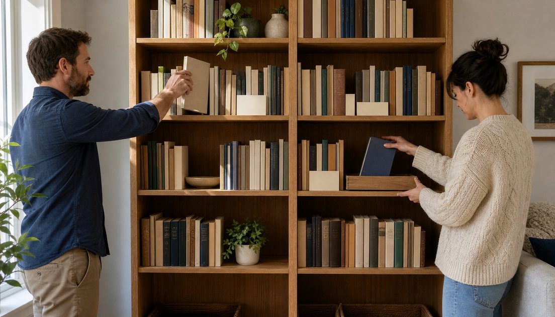 A man removes a plain tan book from a wooden bookcase while a woman places a blue book in a shallow return tray beside blank shelf markers.