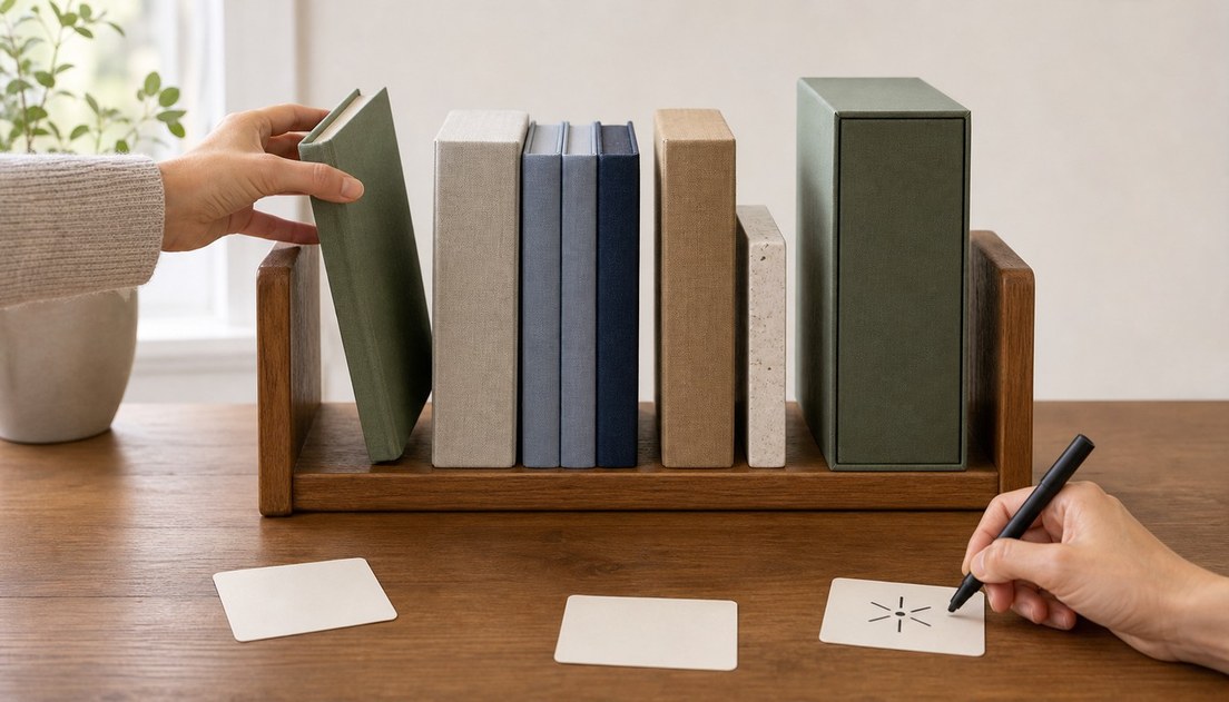 Eight mixed volumes include a blue three-book series, a slim boundary book and a tall cased volume; one hand returns a green book as another marks a symbol card beside two blank cards.