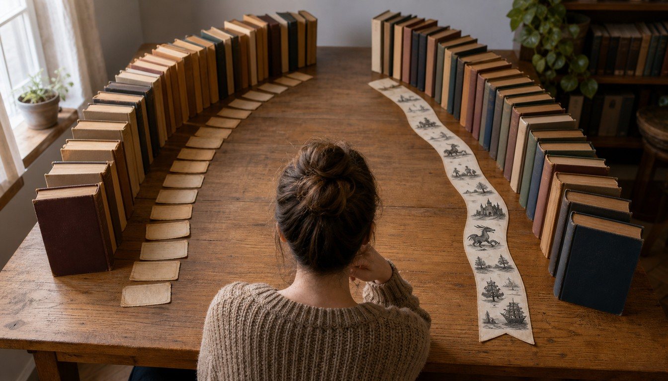 A reader sits at a sunlit wooden table, facing diverging routes of unbranded books, blank cards, and illustrated landscape panels.