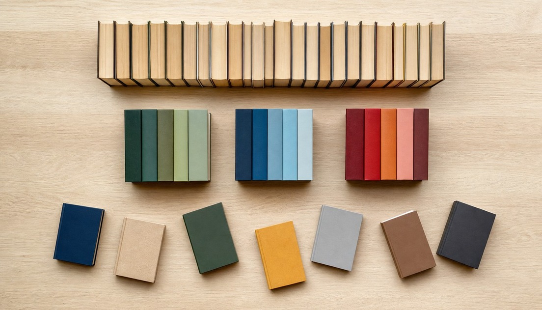 From above, unbranded books form a long connected row, color-coordinated clusters, and loose standalones on a pale wooden table.