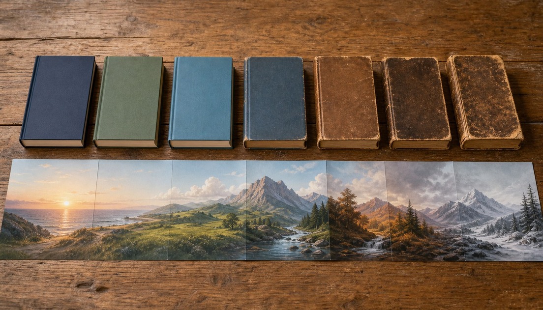 Worn unbranded books line a rustic table above a continuous ribbon of coastal, mountain, forest, and snowy landscapes.