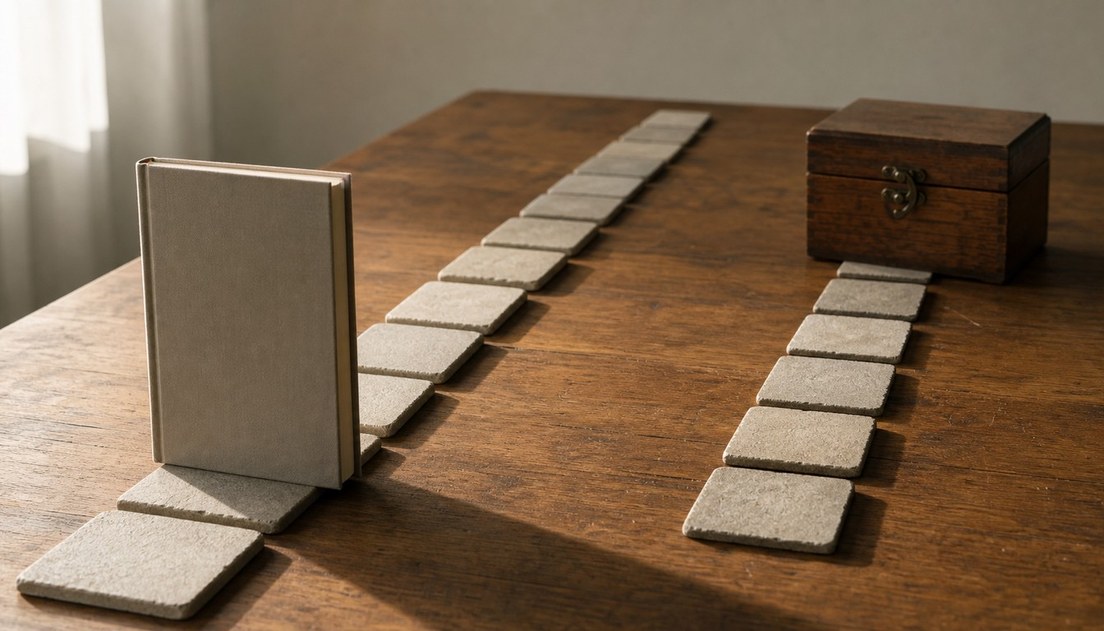 An upright pale book casts a long shadow across stone-card paths leading toward a closed wooden box on a sunlit table.