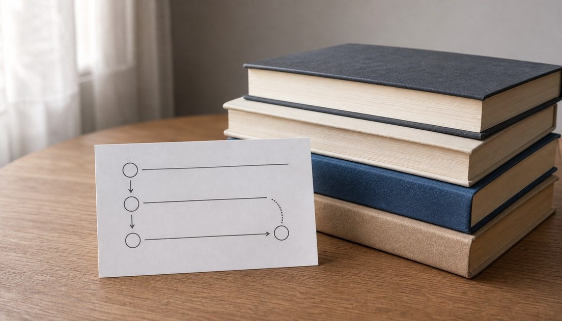 A white route card with abstract circles, lines, and arrows stands beside a short stack of unbranded hardback books by a window.