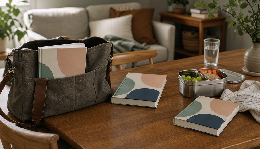 Matching unbranded books sit in a shoulder bag pocket, on a dining table, and beside a metal lunch box in a warm home.