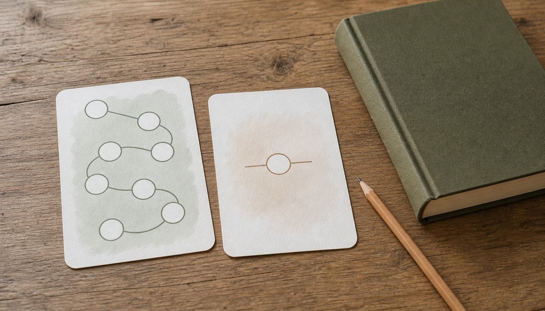 Two blank routine cards compare a winding path of circular markers with a short single-marker path beside a closed green book and pencil.