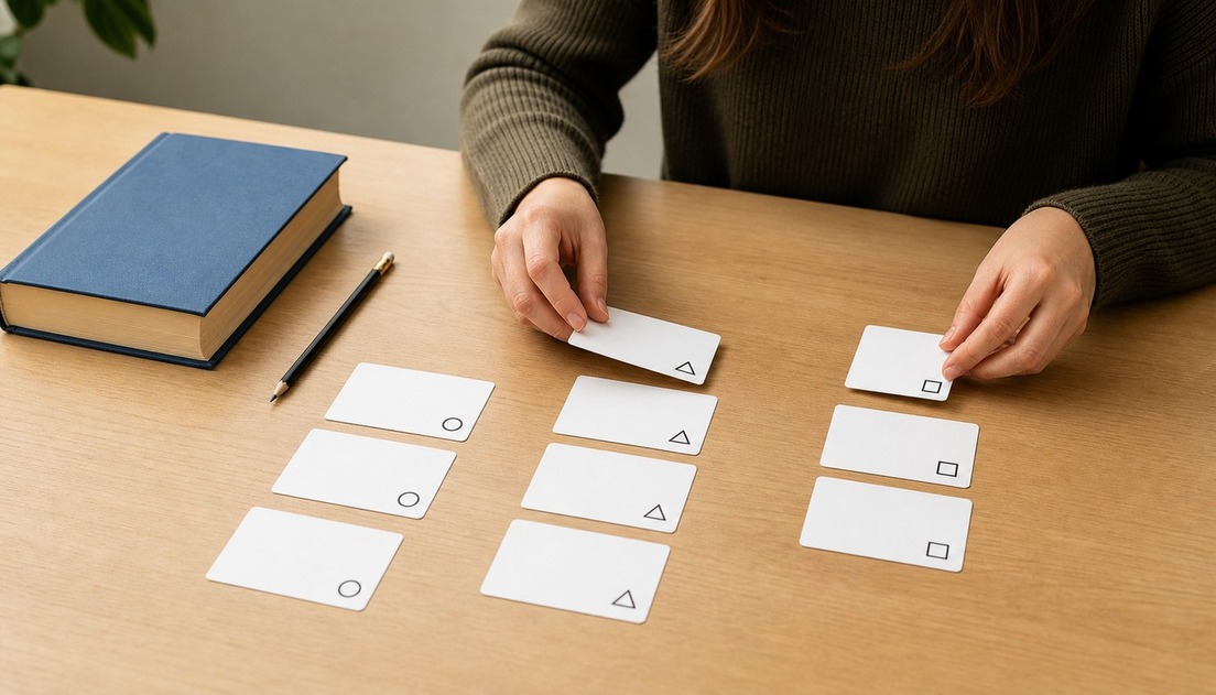 A woman sorts nine blank routine cards into three columns of circles, triangles, and squares beside a closed blue book and pencil.
