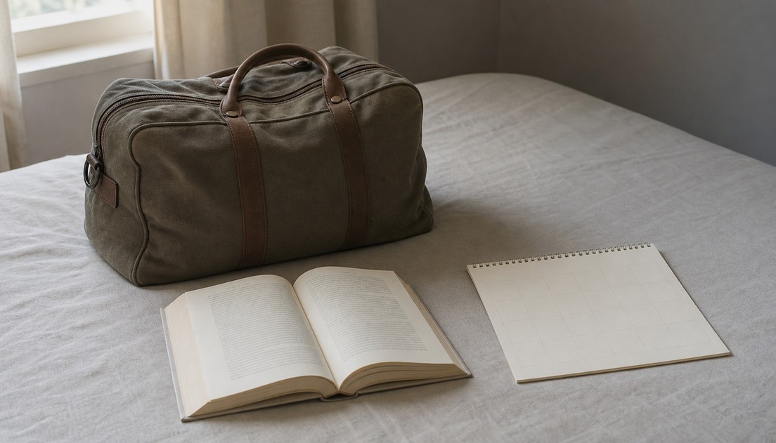 An open paperback rests on a neatly covered bed beside a closed olive travel bag and a blank spiral calendar in daylight.