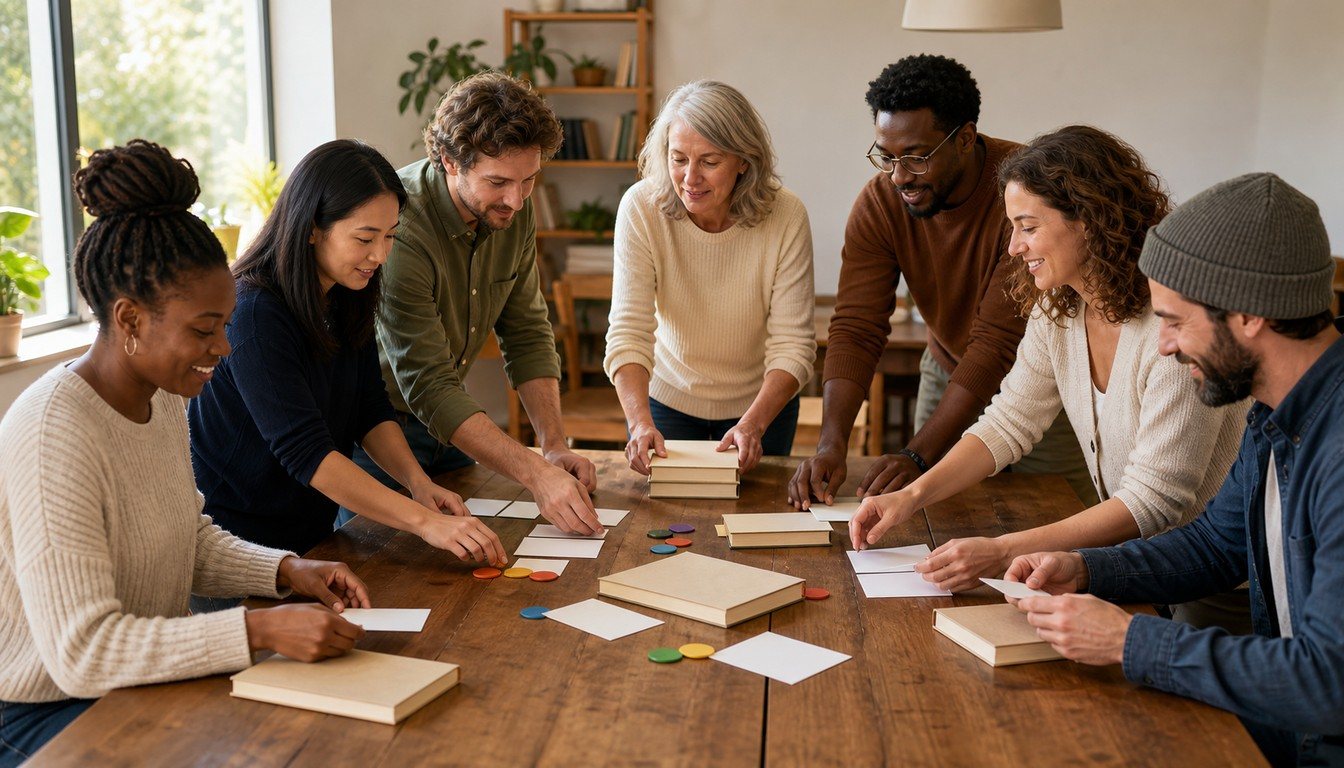 Seven adults arrange plain books, blank cards, and colorful tokens around a long wooden table in a bright community room.